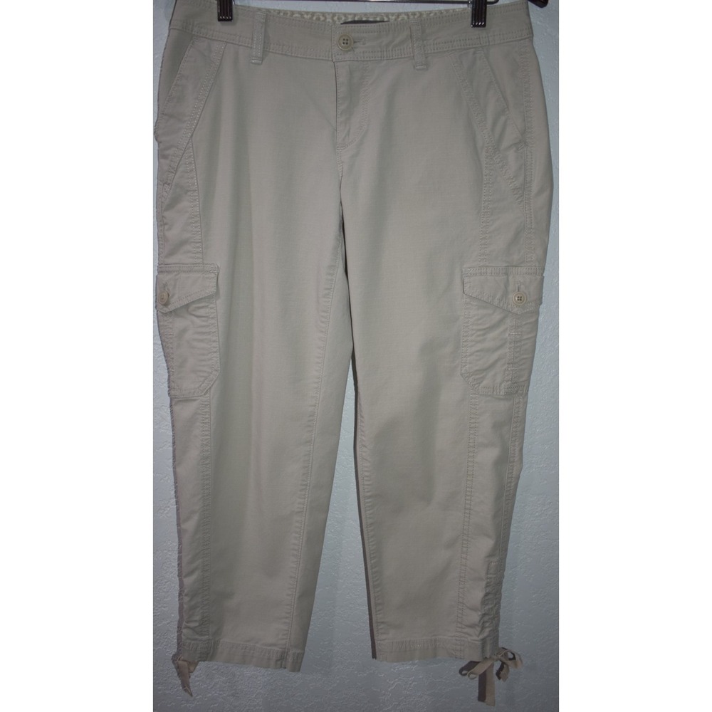Eddie Bauer Womens 4 Khaki Cargo Capri Pants Drawstring Cuffs Stretch Cotton - Picture 15 of 16